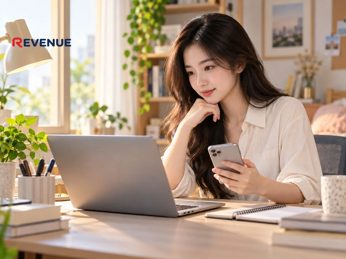 Sinh viên nữ Việt Nam xem hồ sơ influencer trên laptop để học booking KOC KOL
