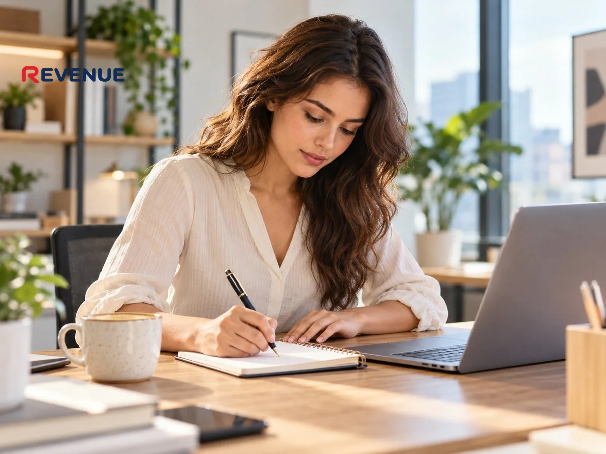 Marketer viết mục tiêu vào sổ bên laptop và cà phê, chuẩn bị cho quy trình booking KOC