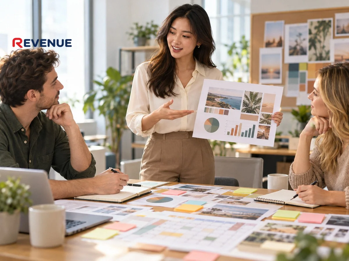 Nhân viên marketing thuyết trình plan booking KOL KOC cho đồng nghiệp tại bàn làm việc