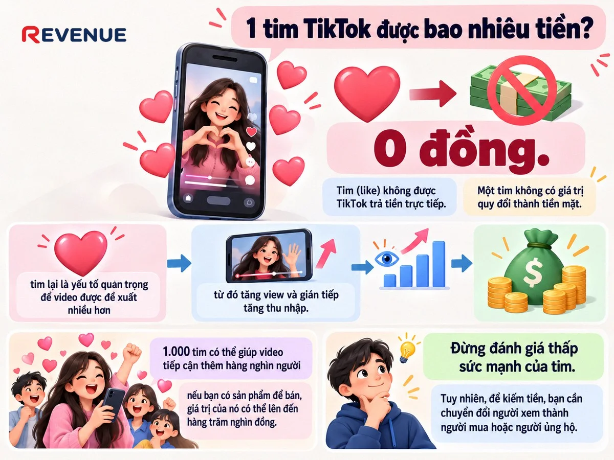1 tim TikTok được bao nhiêu tiền khi tim không được trả tiền trực tiếp mà chỉ giúp video tiếp cận thêm hàng nghìn người