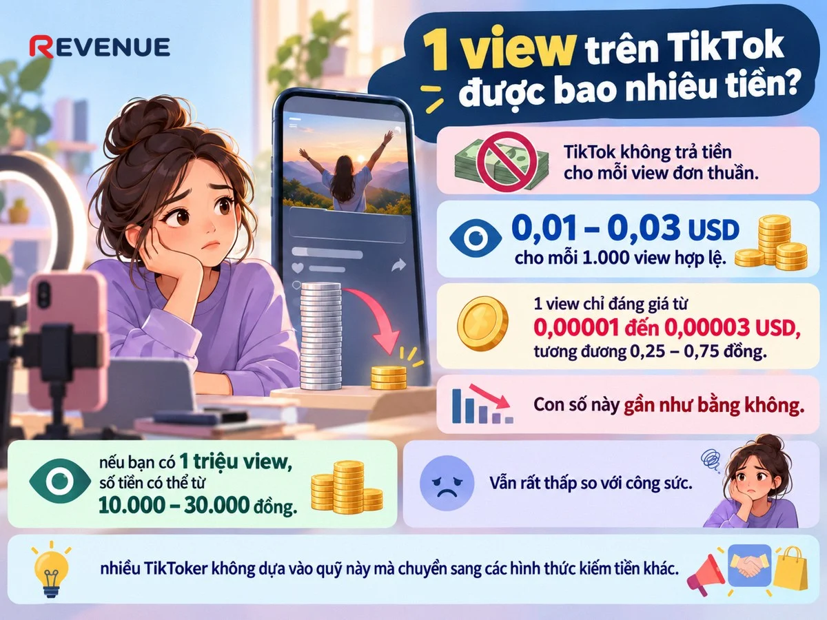 Giải đáp thắc mắc 1 view trên TikTok được bao nhiêu tiền với mức trung bình 0,01 – 0,03 USD mỗi 1.000 view hợp lệ