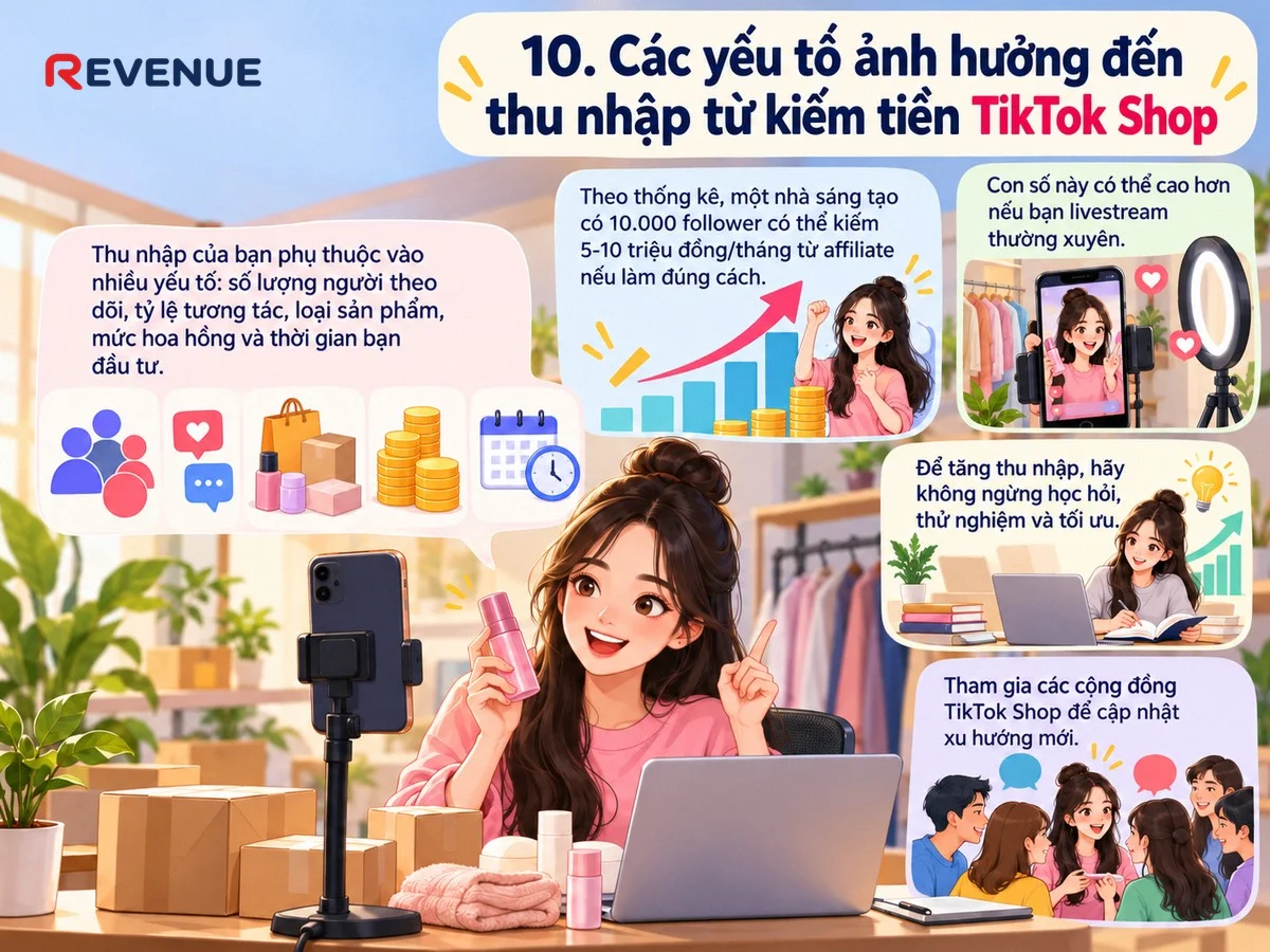 10. Các yếu tố ảnh hưởng đến thu nhập từ kiếm tiền TikTok Shop với 10.000 follower có thể kiếm 5-10 triệu đồng/tháng