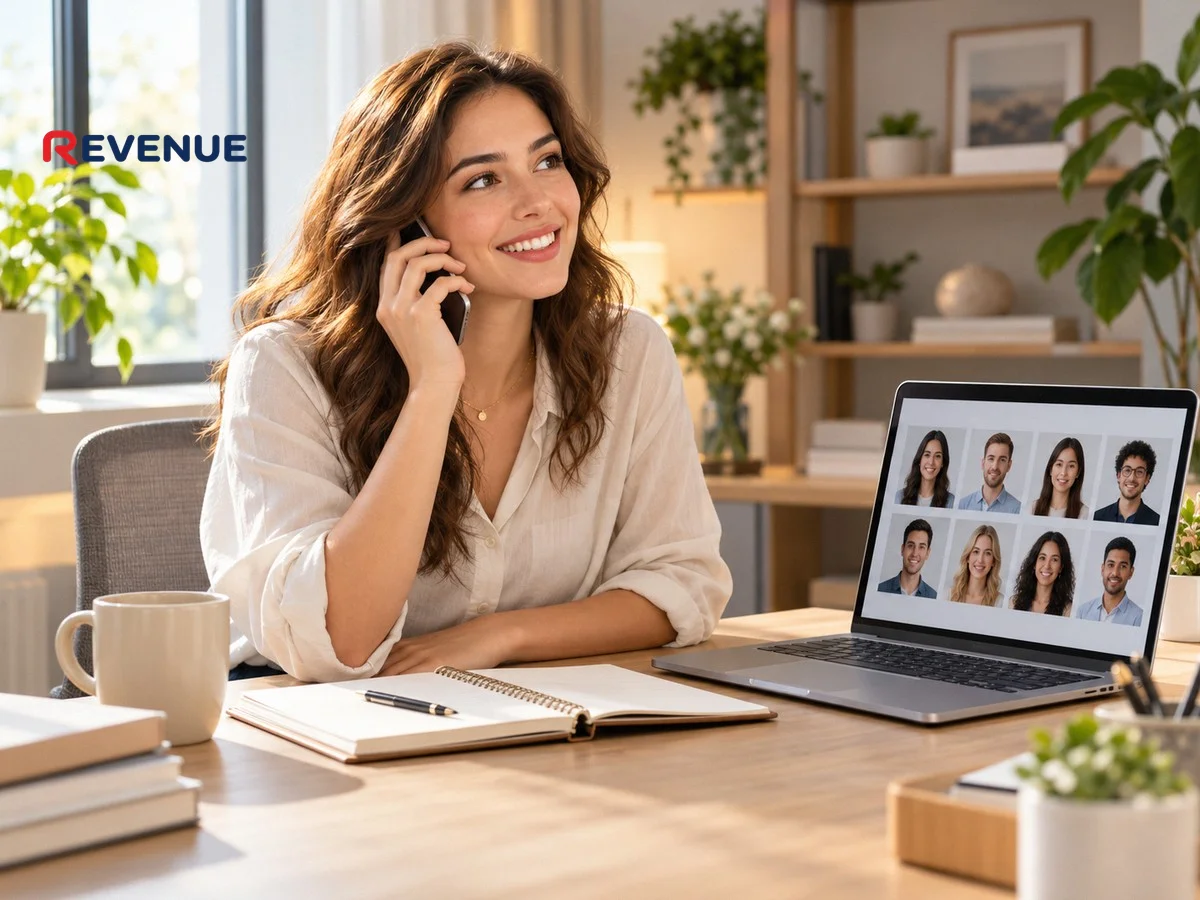 Marketer trẻ ngồi tại bàn gọi điện đàm phán, laptop hiện danh sách ảnh KOC