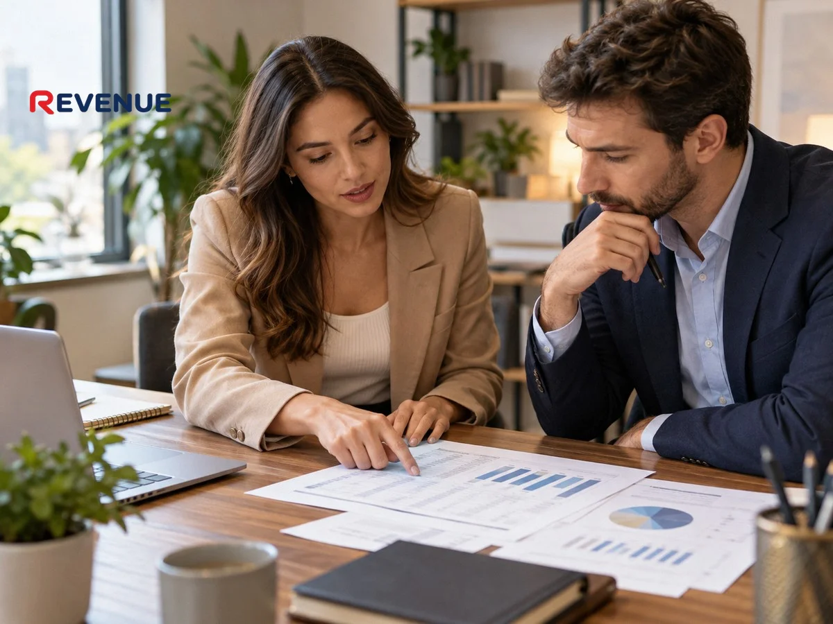 Hai nhân viên marketing xem bảng kế hoạch ngân sách KOC tại bàn gỗ