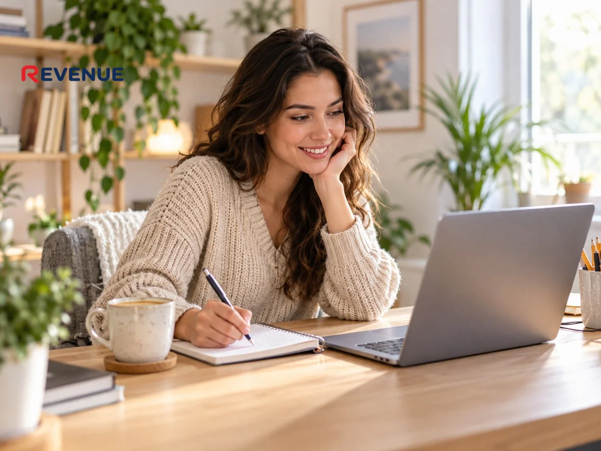 Cô gái trẻ ngồi tại bàn làm việc, xem video trên laptop và ghi chú về khóa học booking KOC