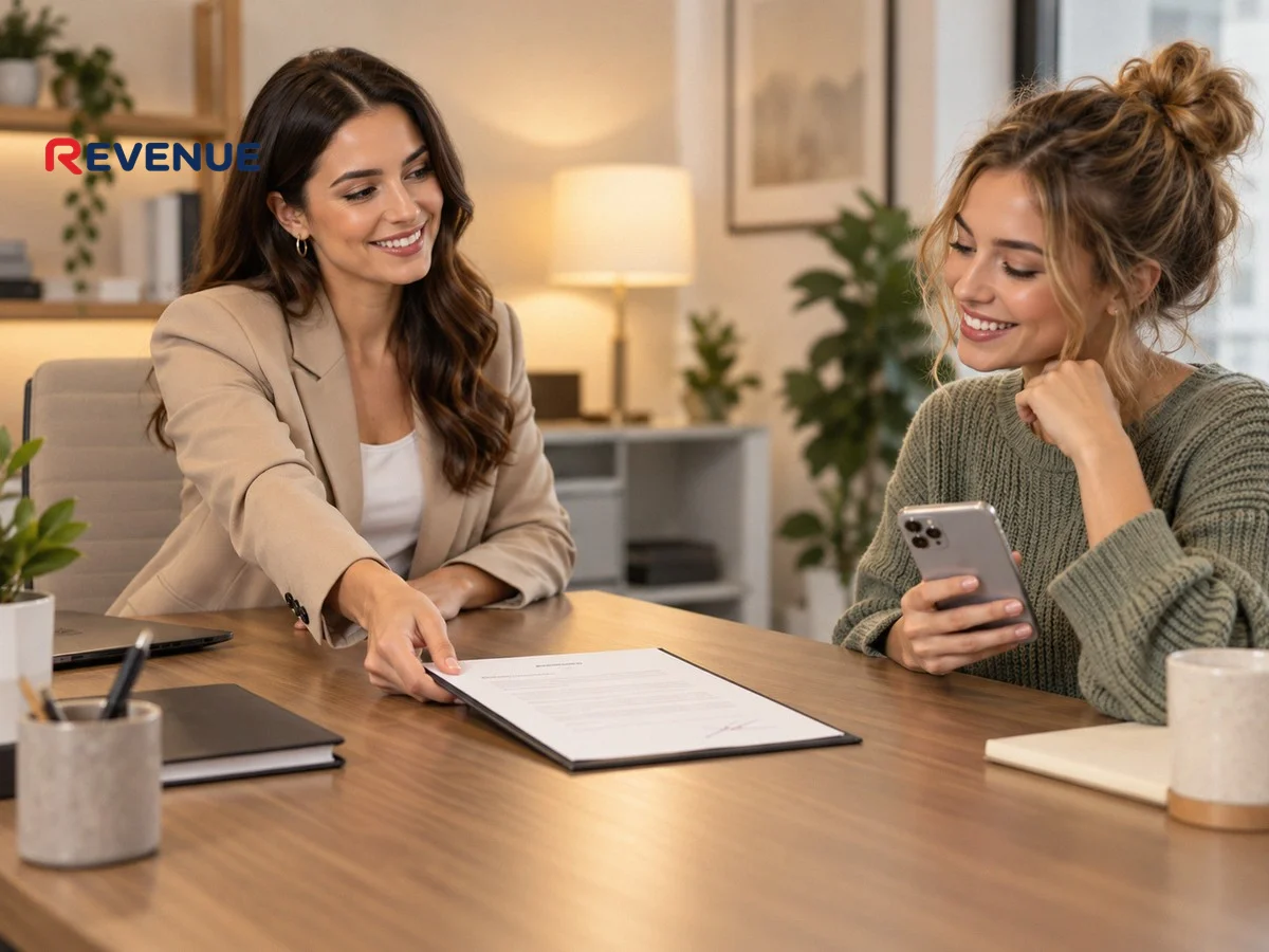Marketer ký hợp đồng booking KOC với nhà sáng tạo nội dung trẻ tại văn phòng