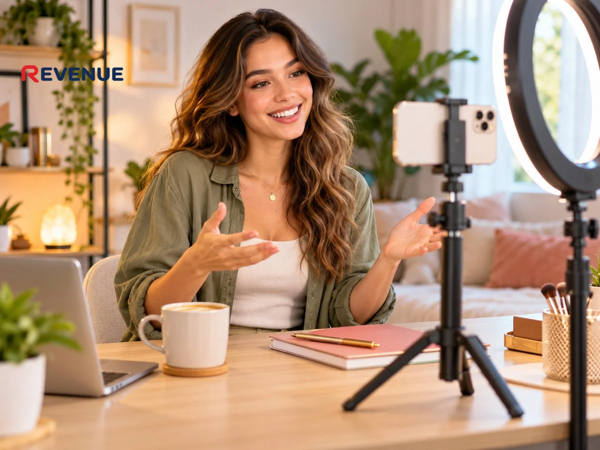 Cô gái trẻ quay video TikTok bằng điện thoại trên tripod, mỉm cười tự tin bên đèn ring light