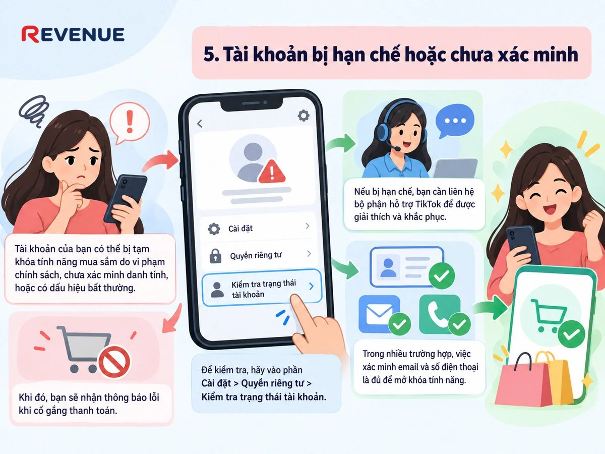 Kiểm tra mục 5. Tài khoản bị hạn chế hoặc chưa xác minh khi thanh toán lỗi
