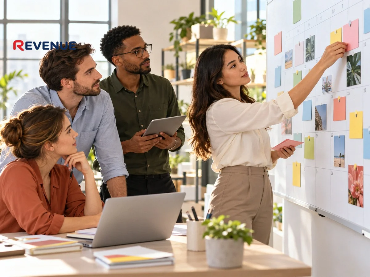 Marketer dán thẻ màu lên lịch treo tường, đồng nghiệp thảo luận kế hoạch booking KOL KOC