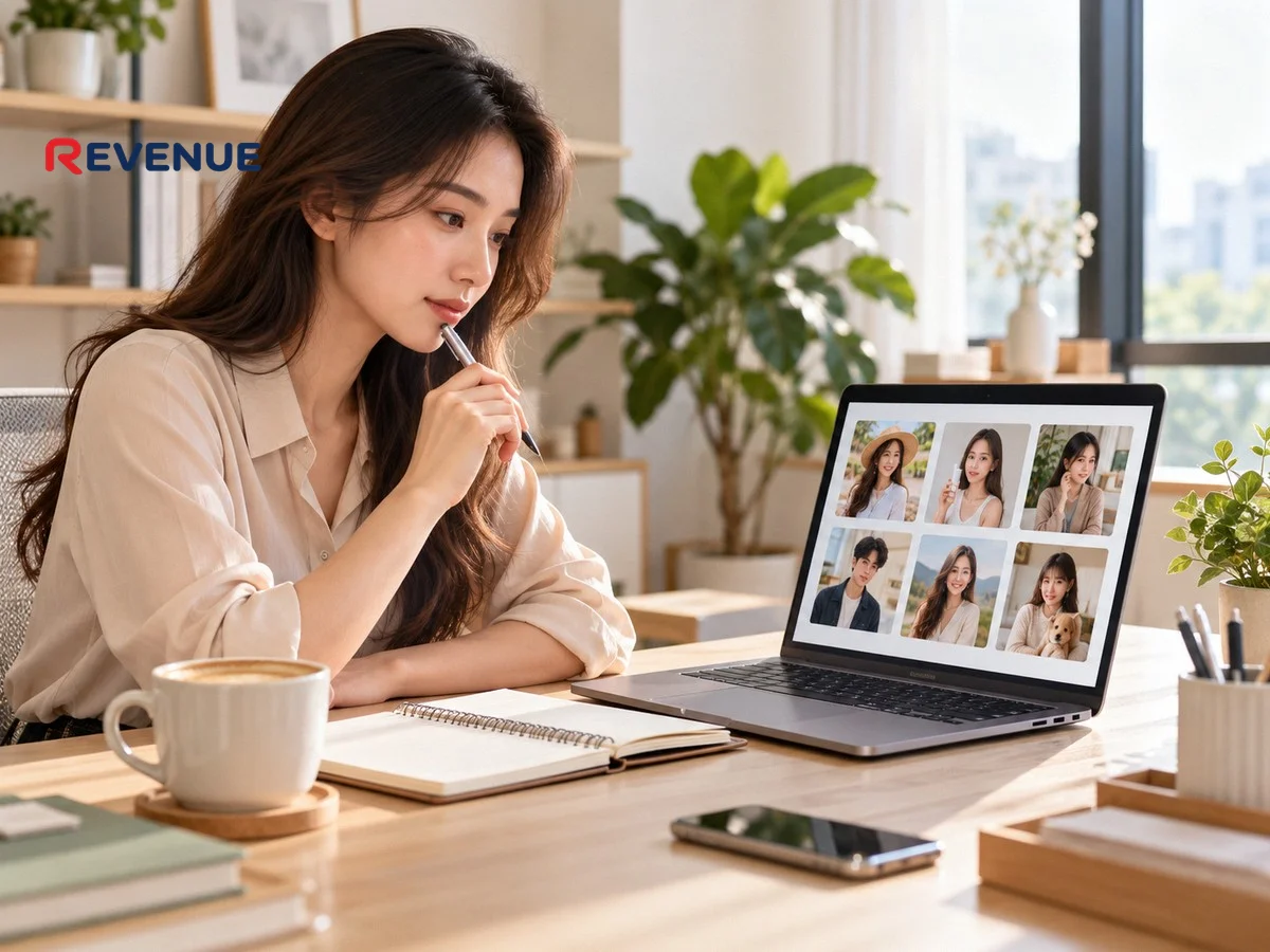 Nhân viên marketing ngồi tại bàn so sánh các lựa chọn KOC trên màn hình laptop