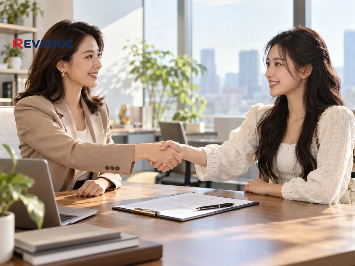 Quản lý thương hiệu và KOC ký hợp đồng booking KOC tại văn phòng hiện đại