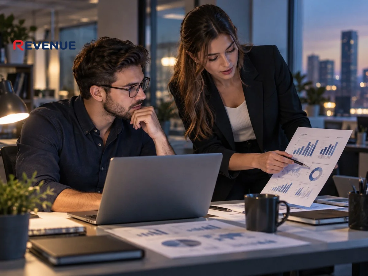 Marketer xem số liệu chiến dịch KOC trên laptop khi đồng nghiệp chỉ vào biểu đồ in