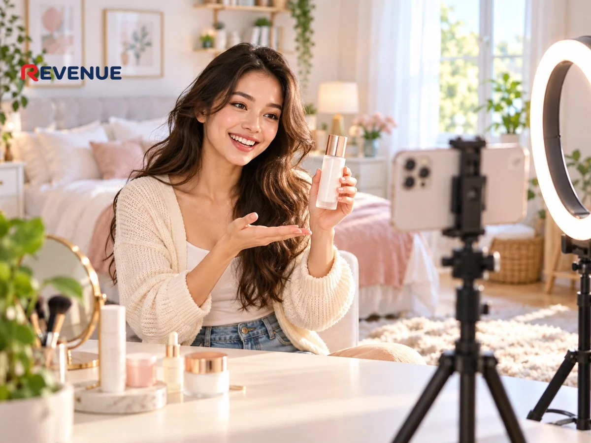 Cô gái quay video review sản phẩm trên điện thoại trong phòng ngủ sáng, mỉm cười hướng về chai skincare