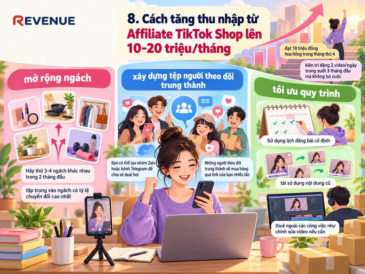 8. Cách tăng thu nhập từ Affiliate TikTok Shop lên 10-20 triệu/tháng