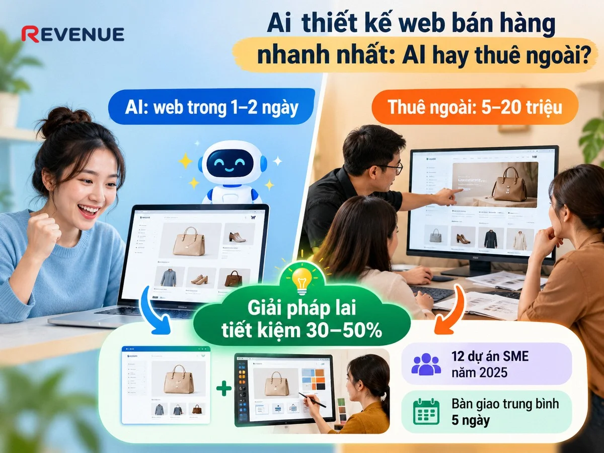 Ai thiết kế web bán hàng nhanh nhất: AI hay thuê ngoài với giải pháp lai tiết kiệm 30–50%