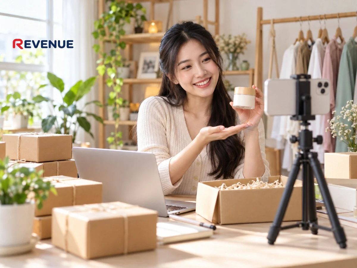 Cô gái trẻ quay video bán hàng trên TikTok bằng điện thoại tại bàn làm việc