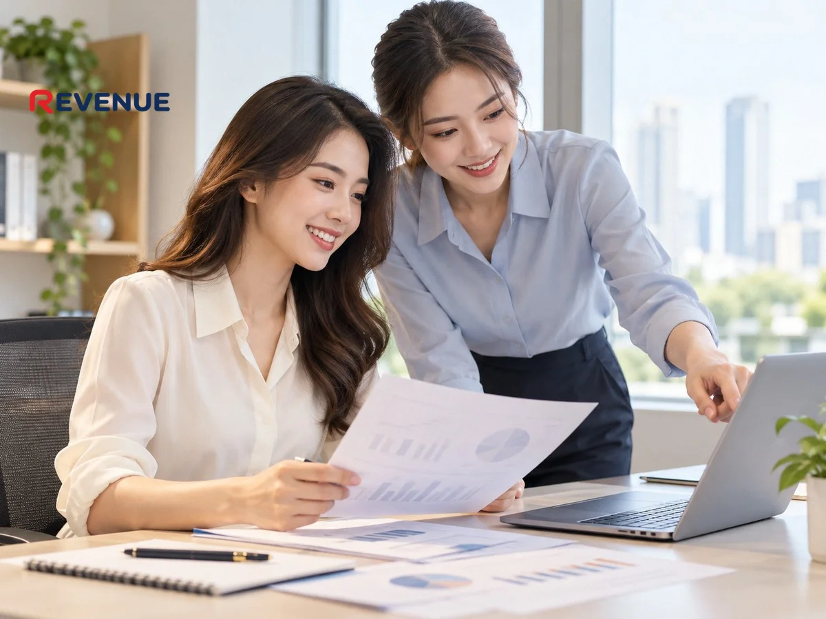 Nhân viên xem bảng lương booking KOC tại bàn làm việc, đồng nghiệp chỉ số liệu trên laptop