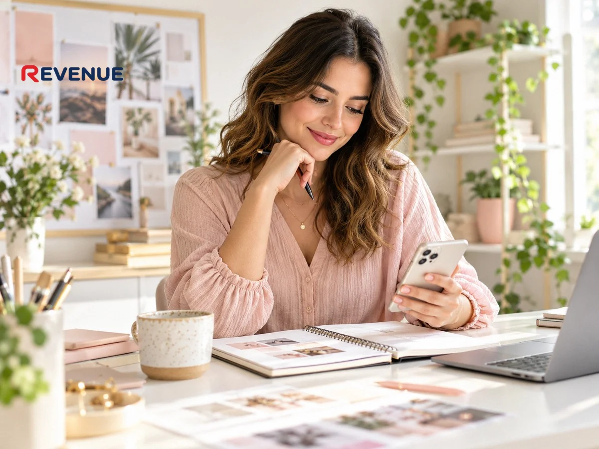 Nhân viên booking KOL KOC ngồi bàn làm việc, xem điện thoại và sổ tay