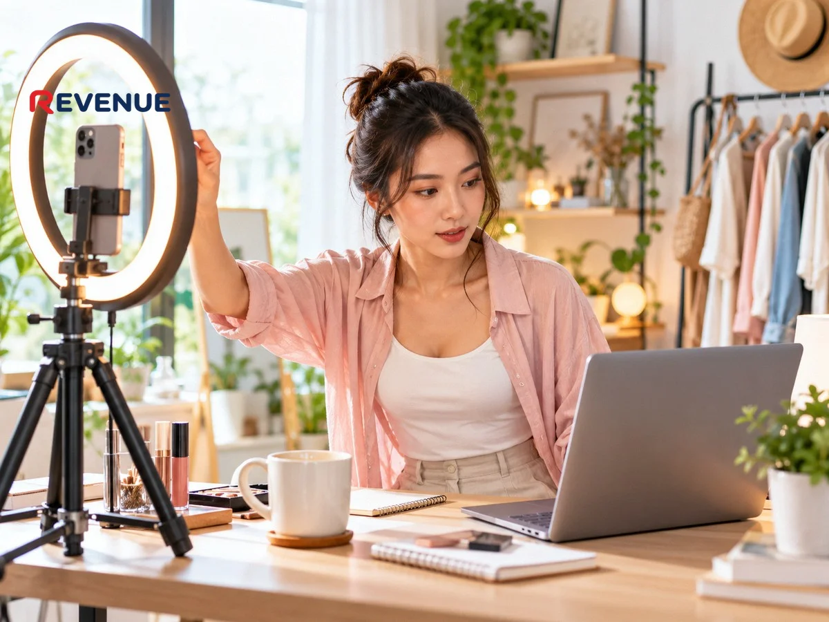 Cô gái trẻ quay video dọc bằng điện thoại trên tripod trong studio tại nhà để tăng view TikTok