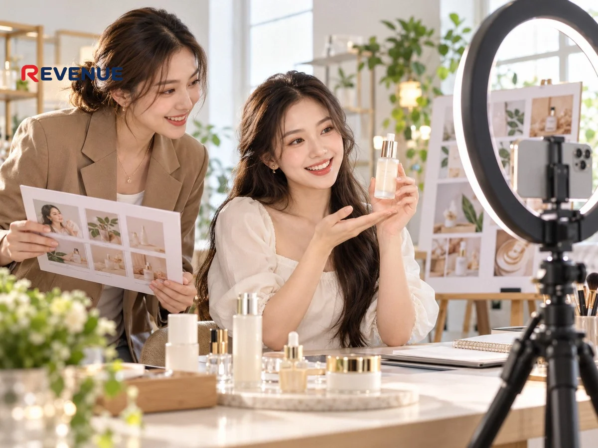 KOC trẻ quay sản phẩm chăm sóc da trong studio, marketer xem storyboard bên cạnh