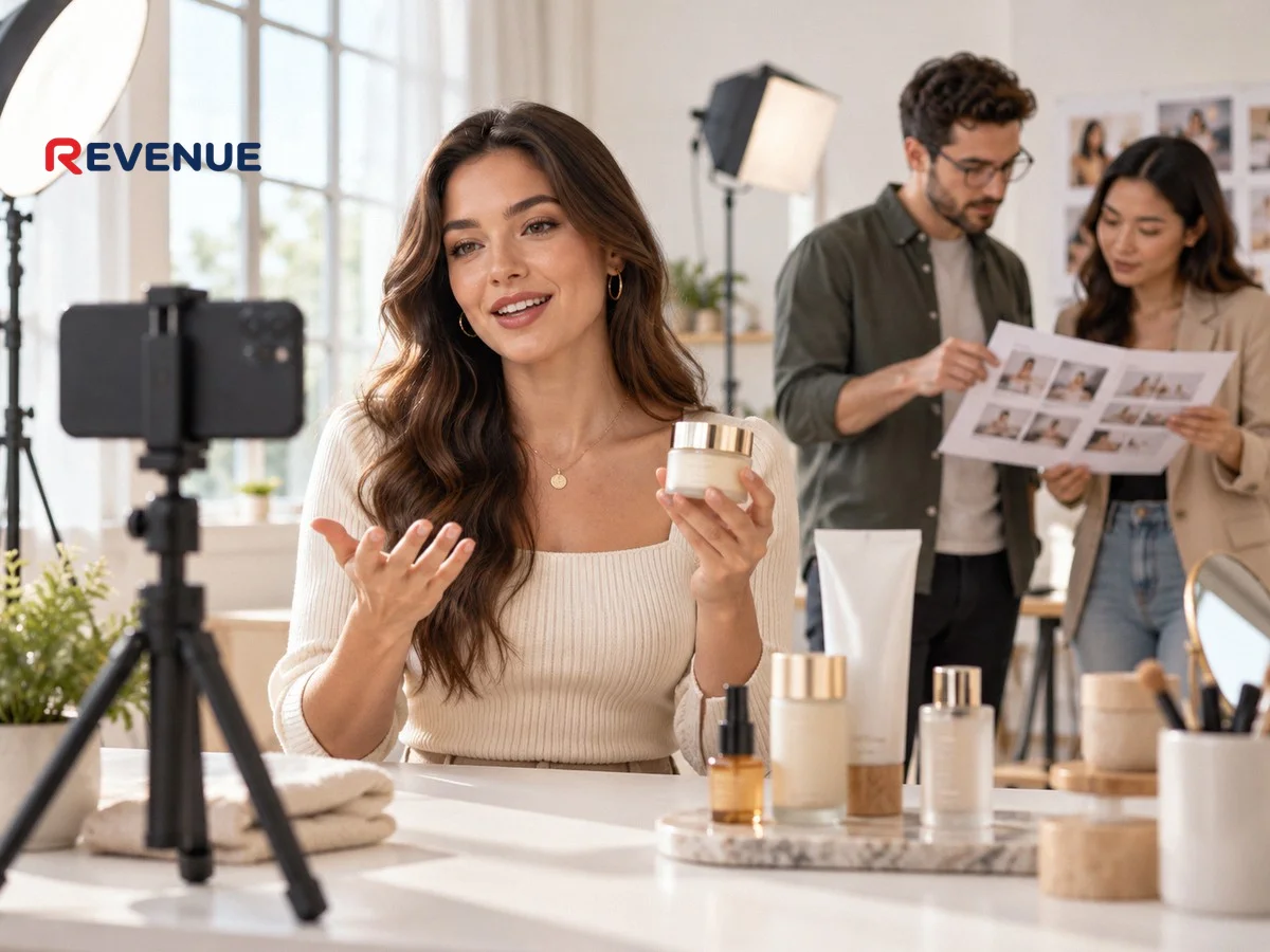 KOC quay video review sản phẩm bằng điện thoại trong studio sáng, hai marketer xem storyboard gần đó
