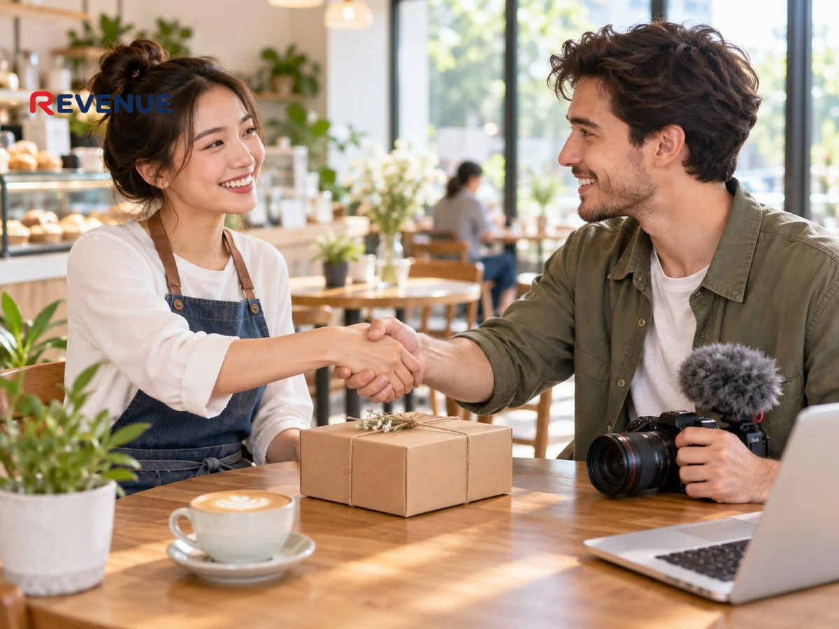 Chủ shop trẻ và KOC bắt tay trên hộp sản phẩm nhỏ tại bàn cà phê