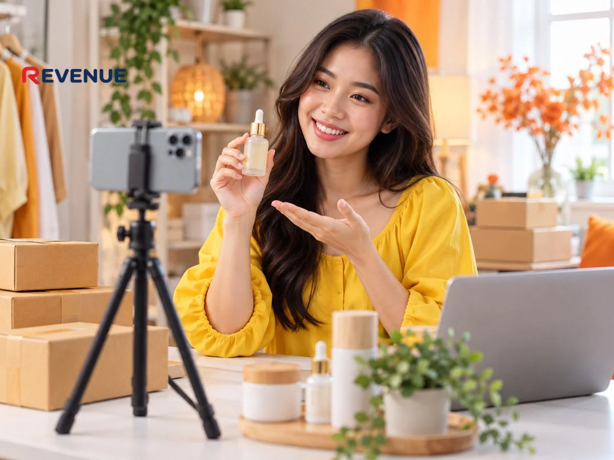 Cô gái trẻ mặc áo vàng quay video review mỹ phẩm trong studio tại nhà