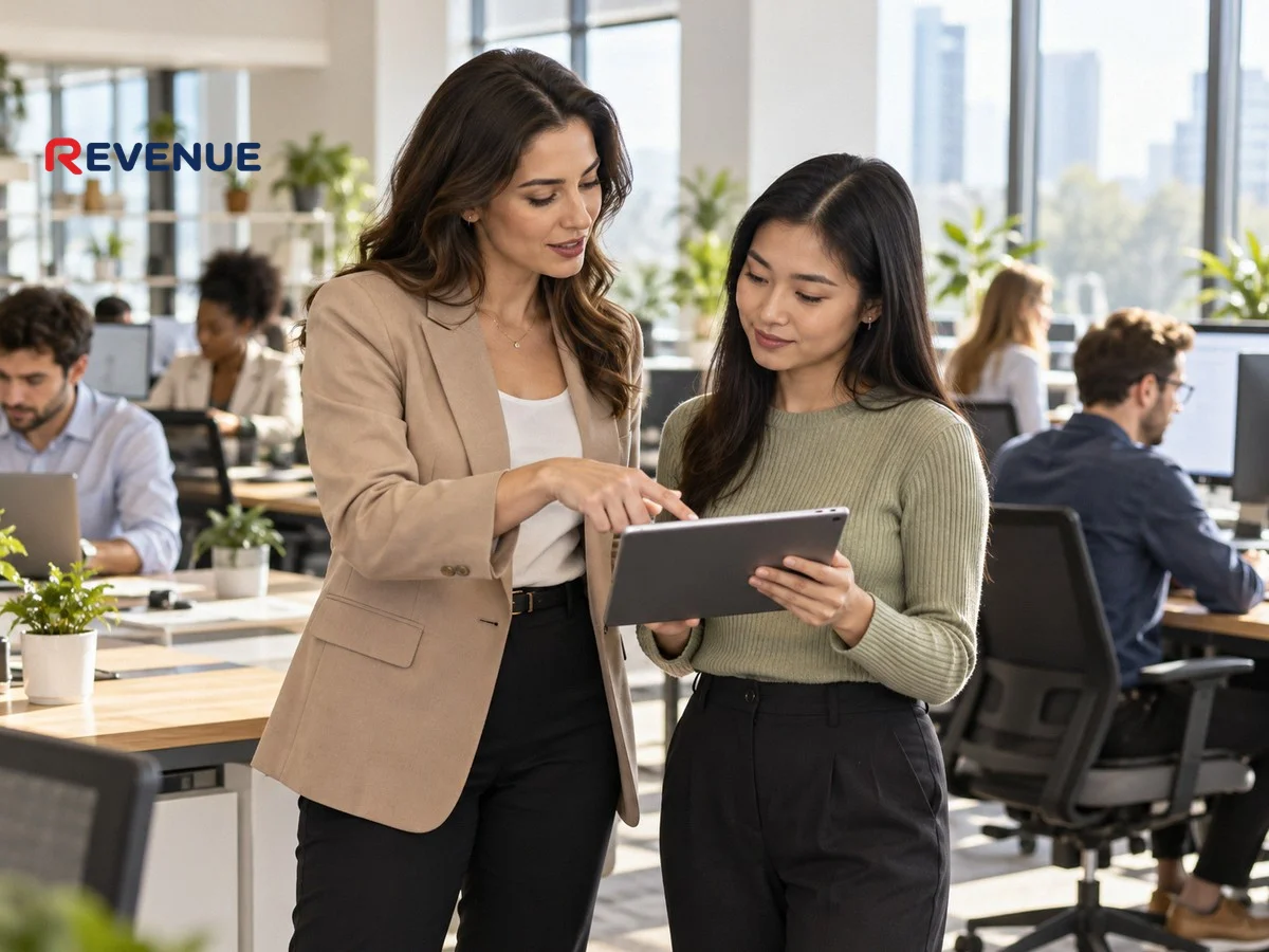 Chuyên viên marketing hướng dẫn trợ lý dùng tablet trong văn phòng mở sáng sủa