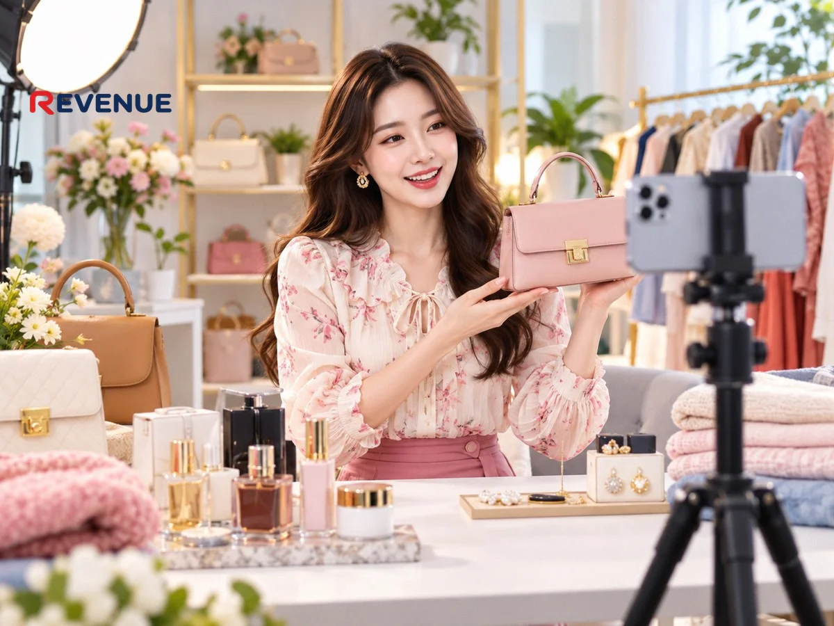 Nữ KOL trẻ livestream bán hàng trong studio sáng