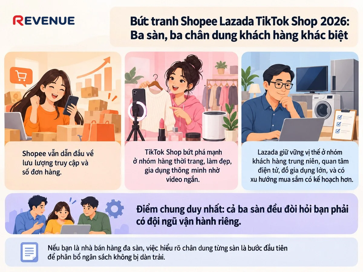 Bức tranh Shopee Lazada TikTok Shop 2026: Ba sàn, ba chân dung khách hàng khác biệt