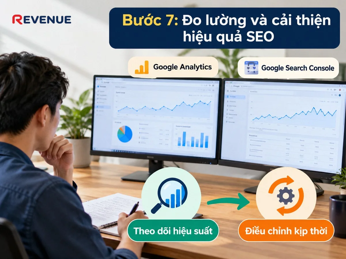 Theo dõi hiệu suất qua Google Analytics và Search Console ở bước 7: Đo lường và cải thiện hiệu quả SEO