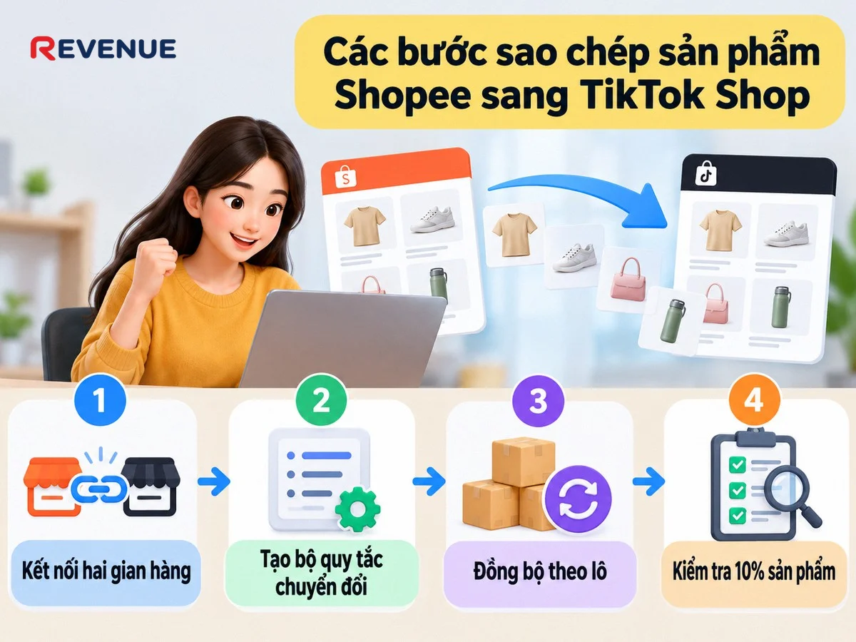 Các bước sao chép sản phẩm Shopee sang TikTok Shop gồm bốn bước cơ bản khi nhận dự án chuyển danh mục
