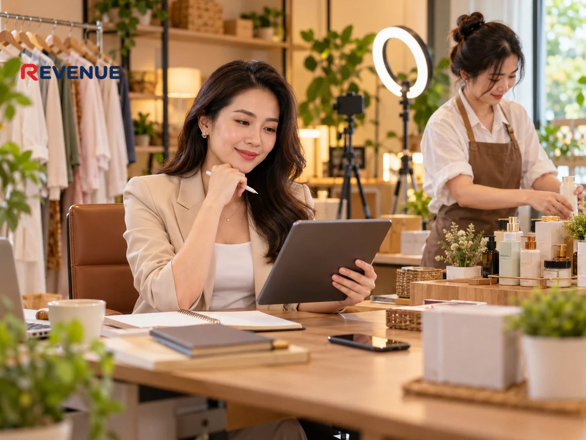 Chủ doanh nghiệp Việt xem kế hoạch bán hàng livestream trên máy tính bảng tại văn phòng
