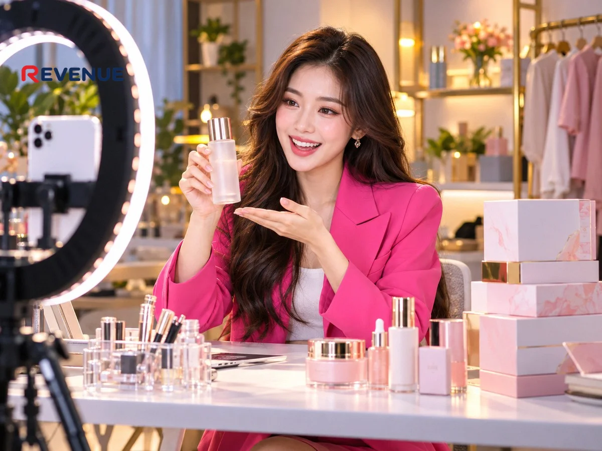 KOL mặc blazer hồng livestream bán mỹ phẩm, minh họa booking KOL live