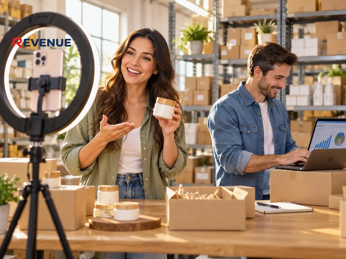 Nhân viên quay review sản phẩm bằng đèn ring light trong kho hàng sáng, đồng nghiệp xem biểu đồ bán hàng
