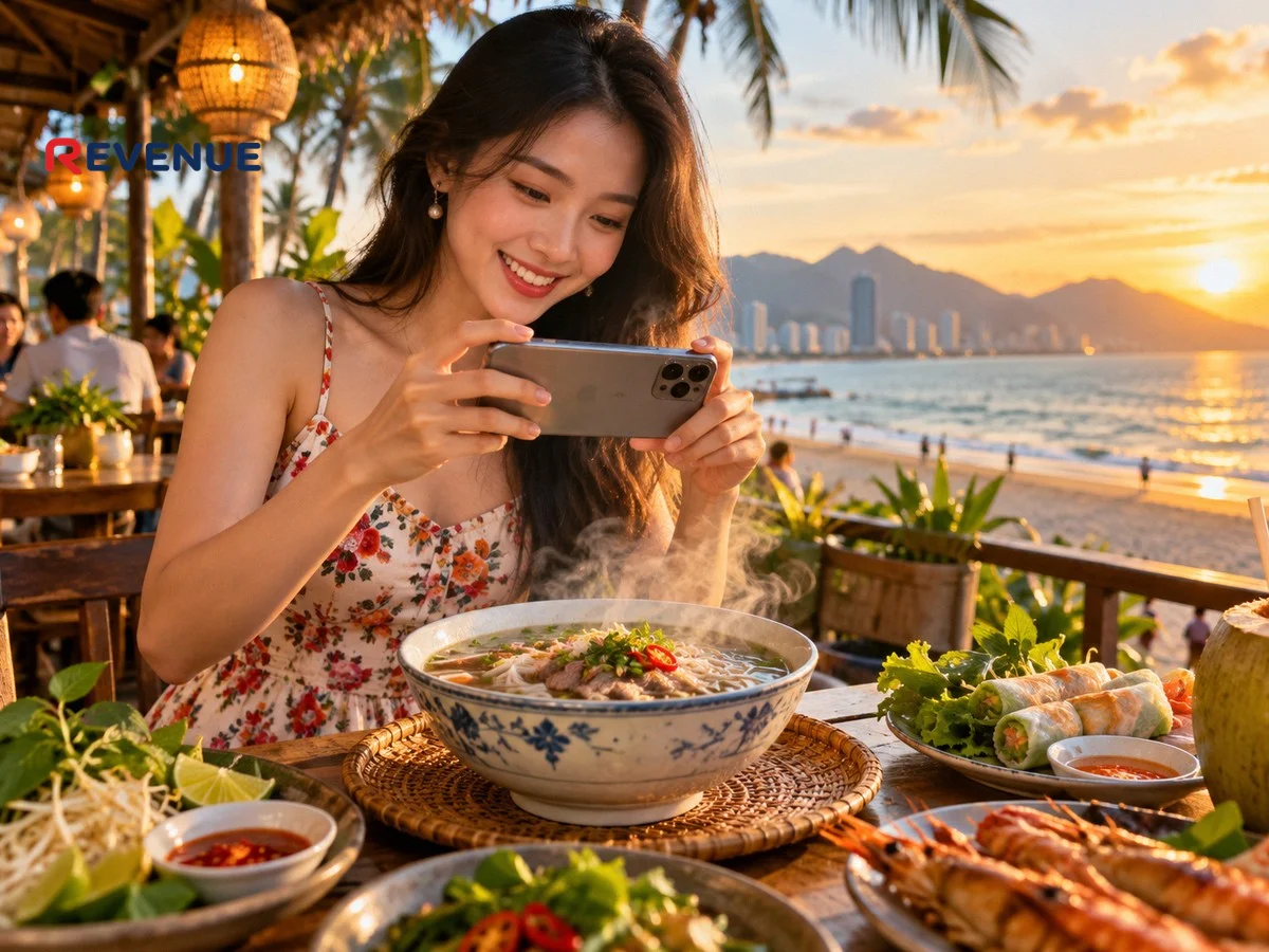 Cô gái trẻ mặc váy hoa quay món mì bốc khói bằng điện thoại tại quán ven biển Đà Nẵng