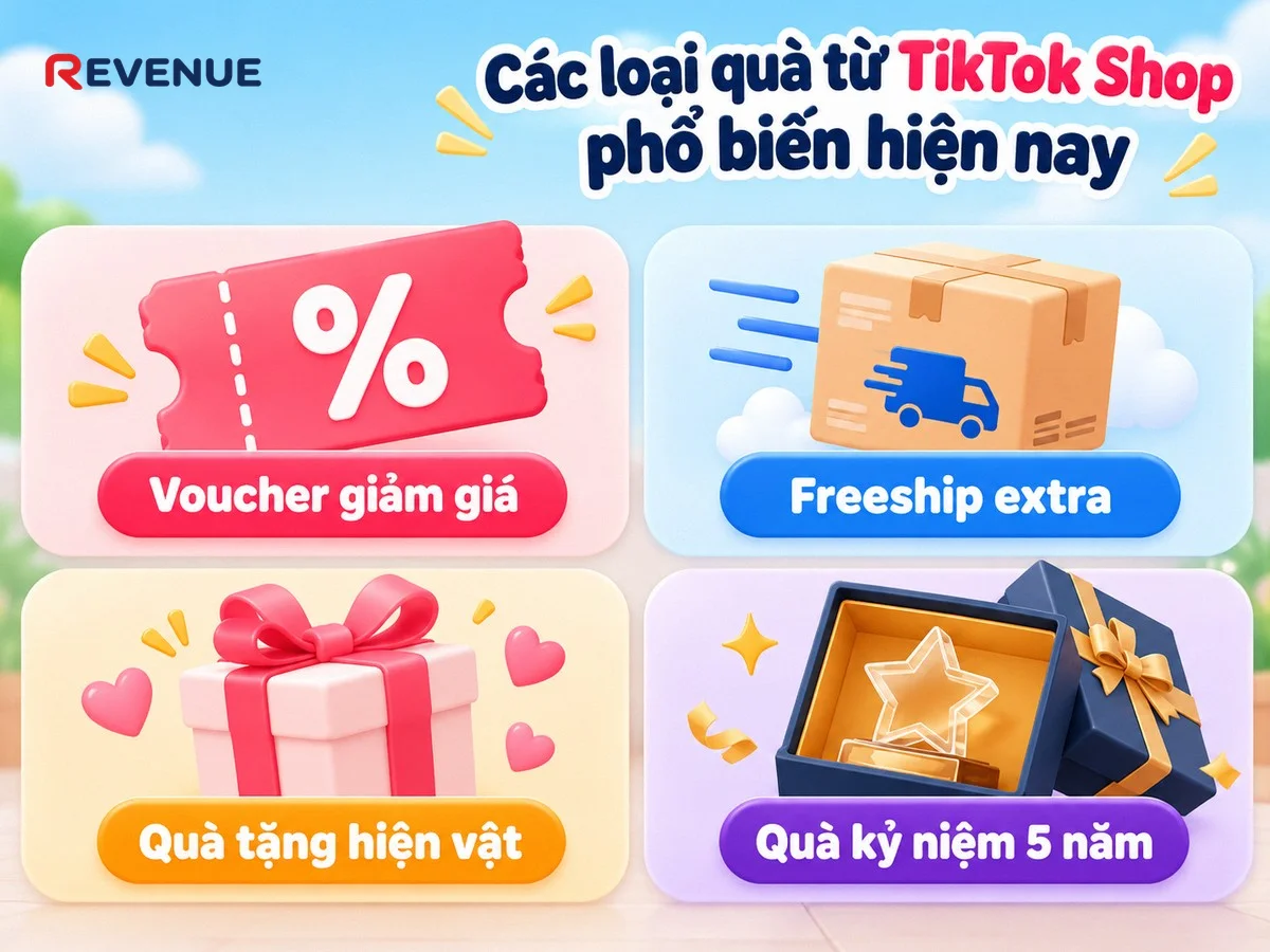 Các loại quà từ TikTok Shop phổ biến hiện nay gồm voucher giảm giá cho người mua thân thiết