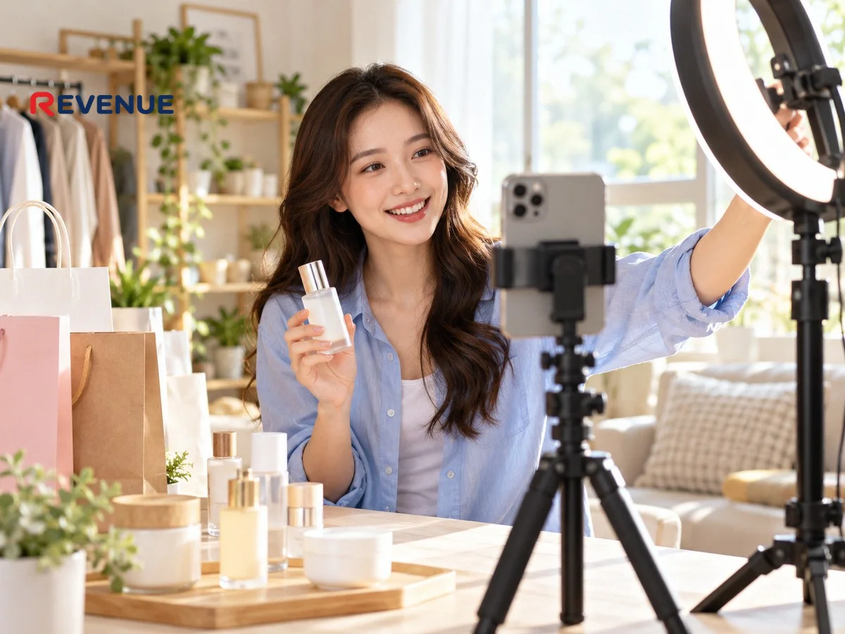 Cô gái quay video bán hàng trên TikTok bằng điện thoại và đèn ring light tại nhà
