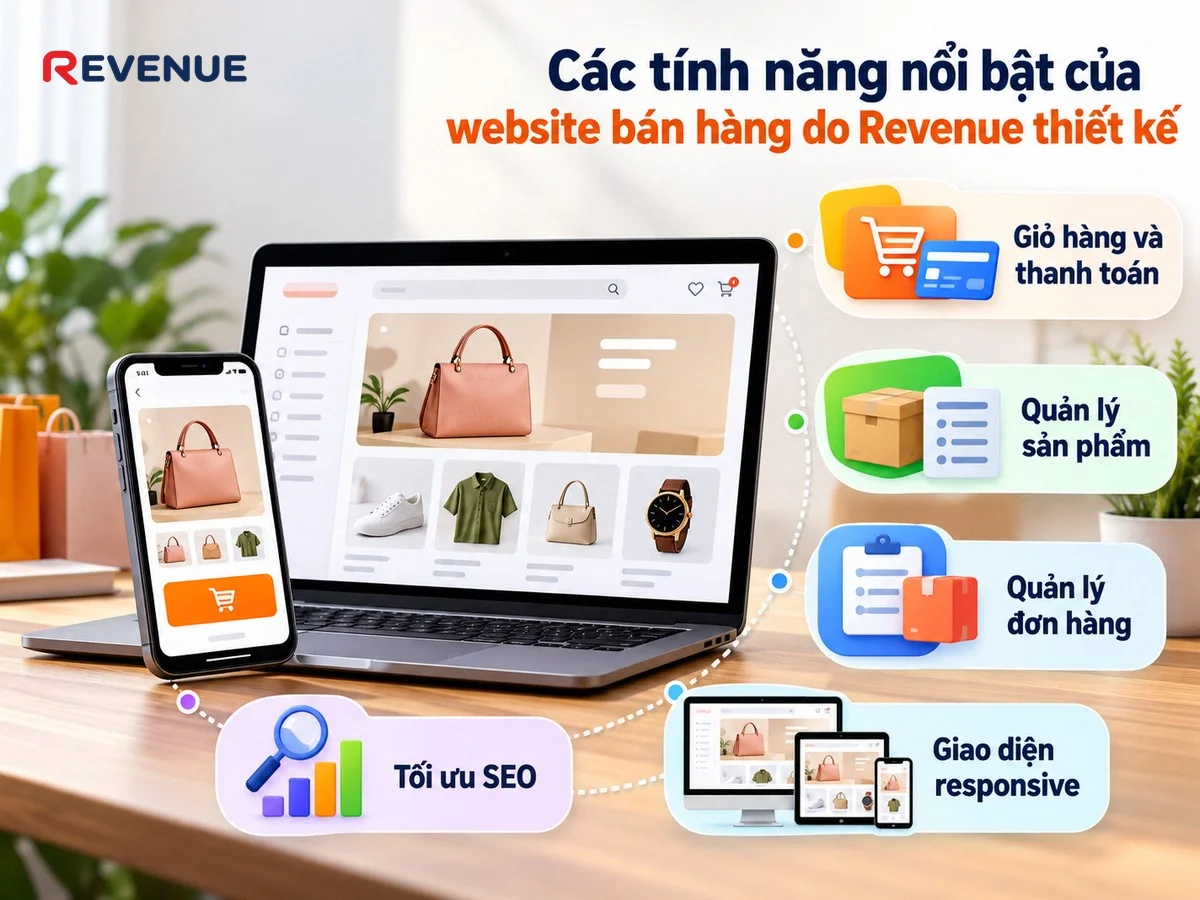 Các tính năng nổi bật của website bán hàng do Revenue thiết kế với giỏ hàng và thanh toán tiện lợi