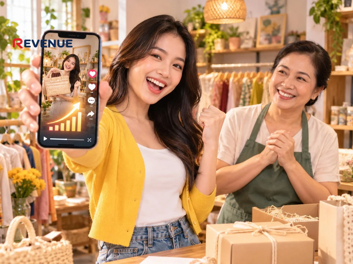 Cô gái Việt cầm điện thoại xem video TikTok, cười khi lượng view tăng