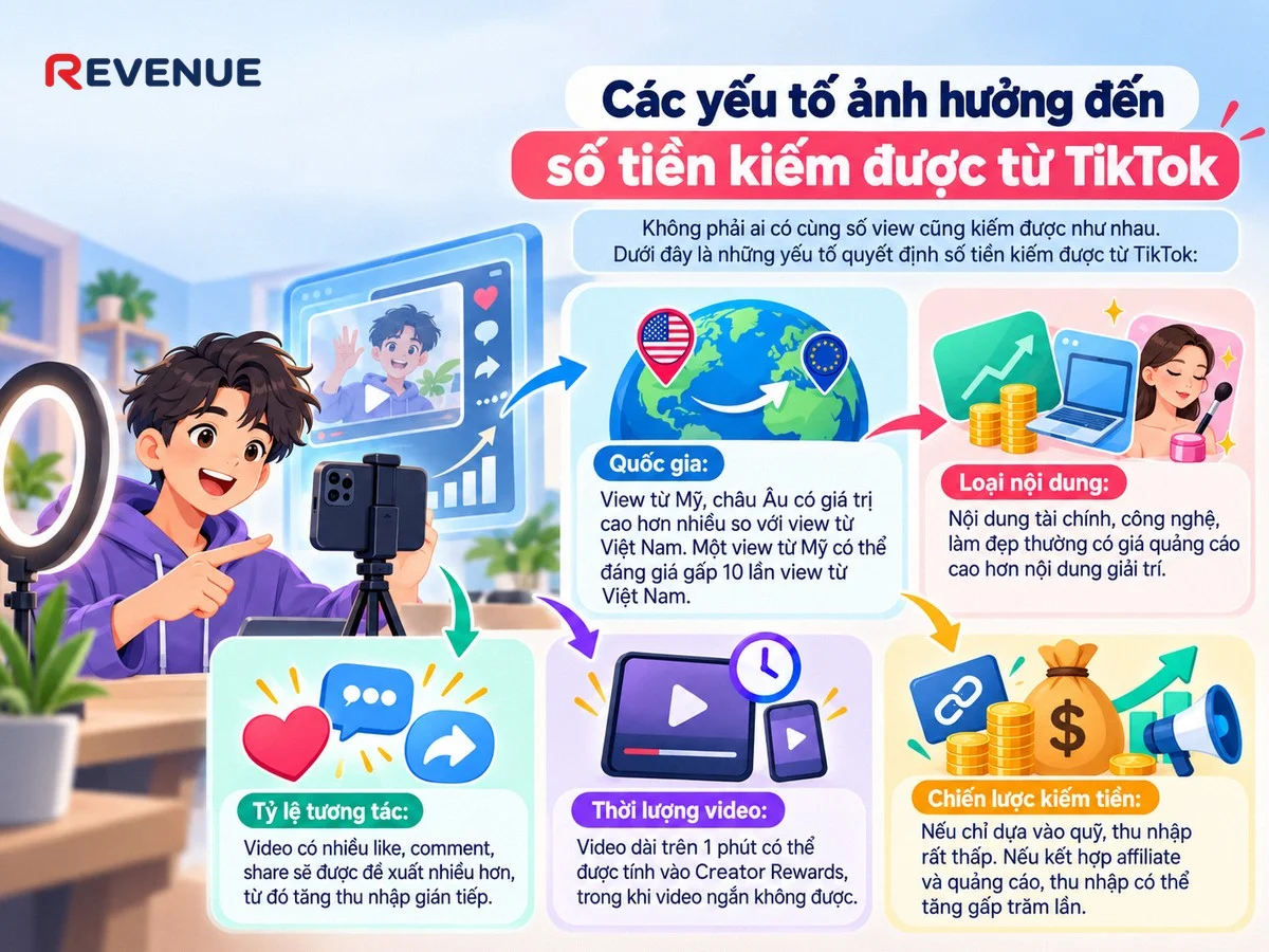 Các yếu tố ảnh hưởng đến số tiền kiếm được từ TikTok: view từ Mỹ có giá trị gấp 10 lần view từ Việt Nam