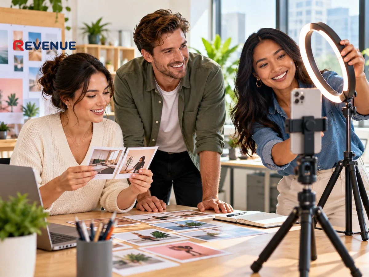Nhóm marketing bàn chiến lược digital marketing TikTok quanh điện thoại và đèn ring trong văn phòng sáng