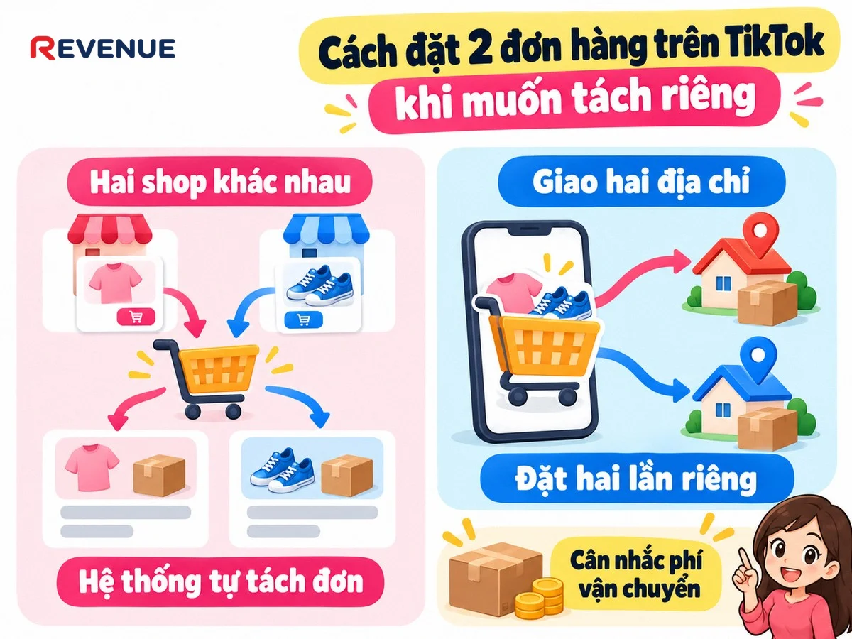 Cách đặt 2 đơn hàng trên TikTok khi muốn tách riêng vì hai sản phẩm thuộc hai shop khác nhau