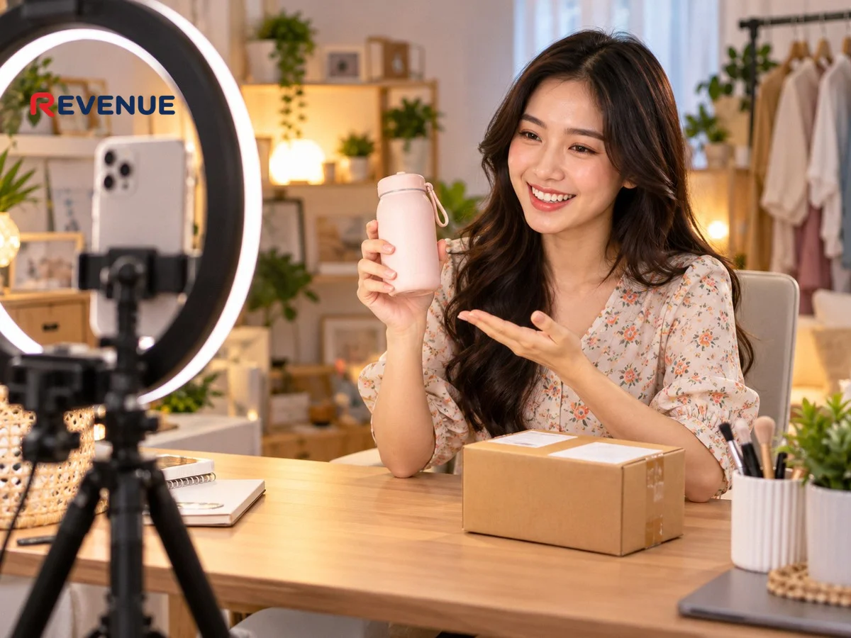 KOC Shopee ngồi tại bàn livestream, cầm điện thoại giới thiệu sản phẩm trước tripod
