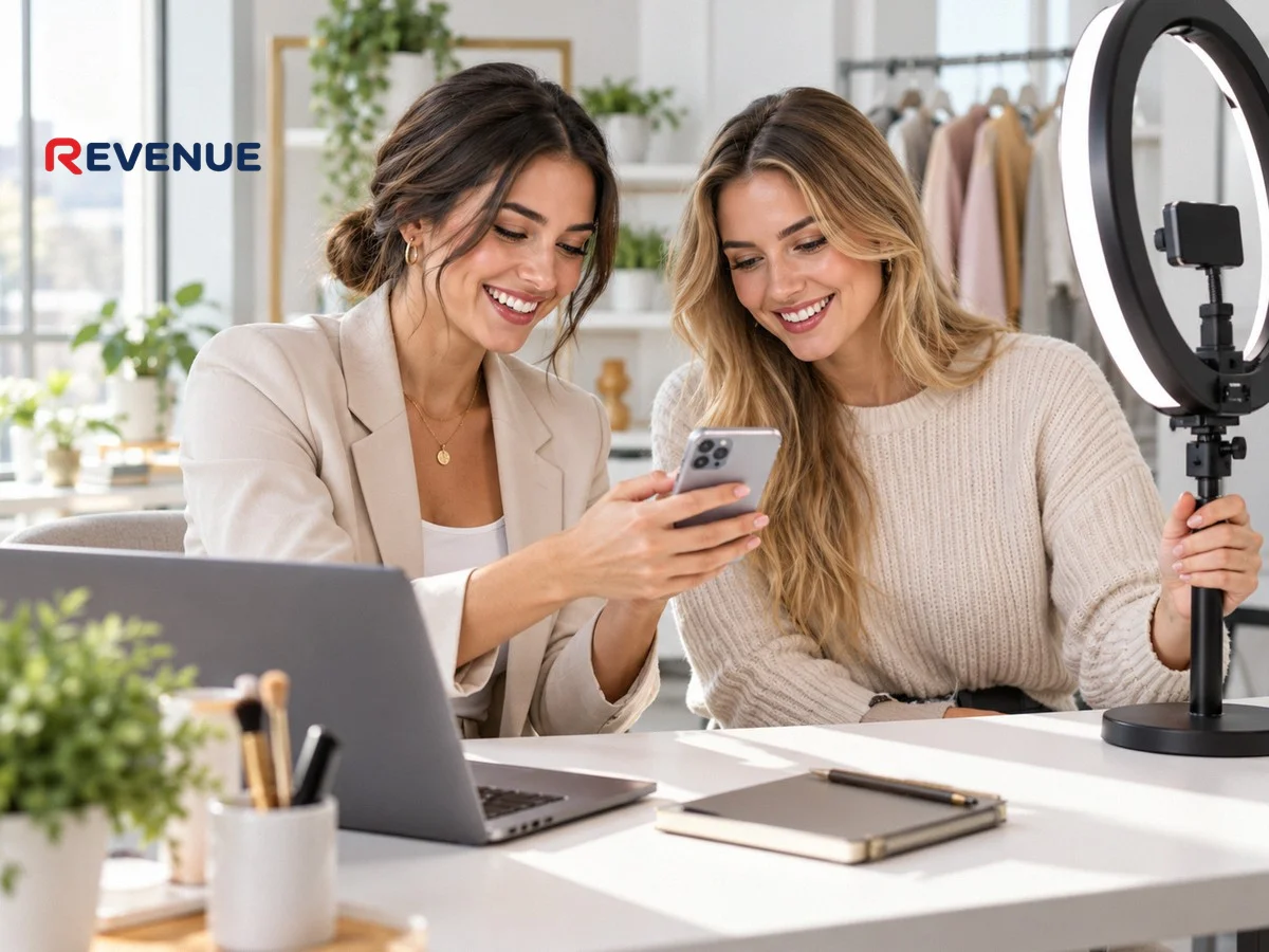Marketer và nhà sáng tạo nội dung cùng xem video trên điện thoại tại bàn làm việc sáng