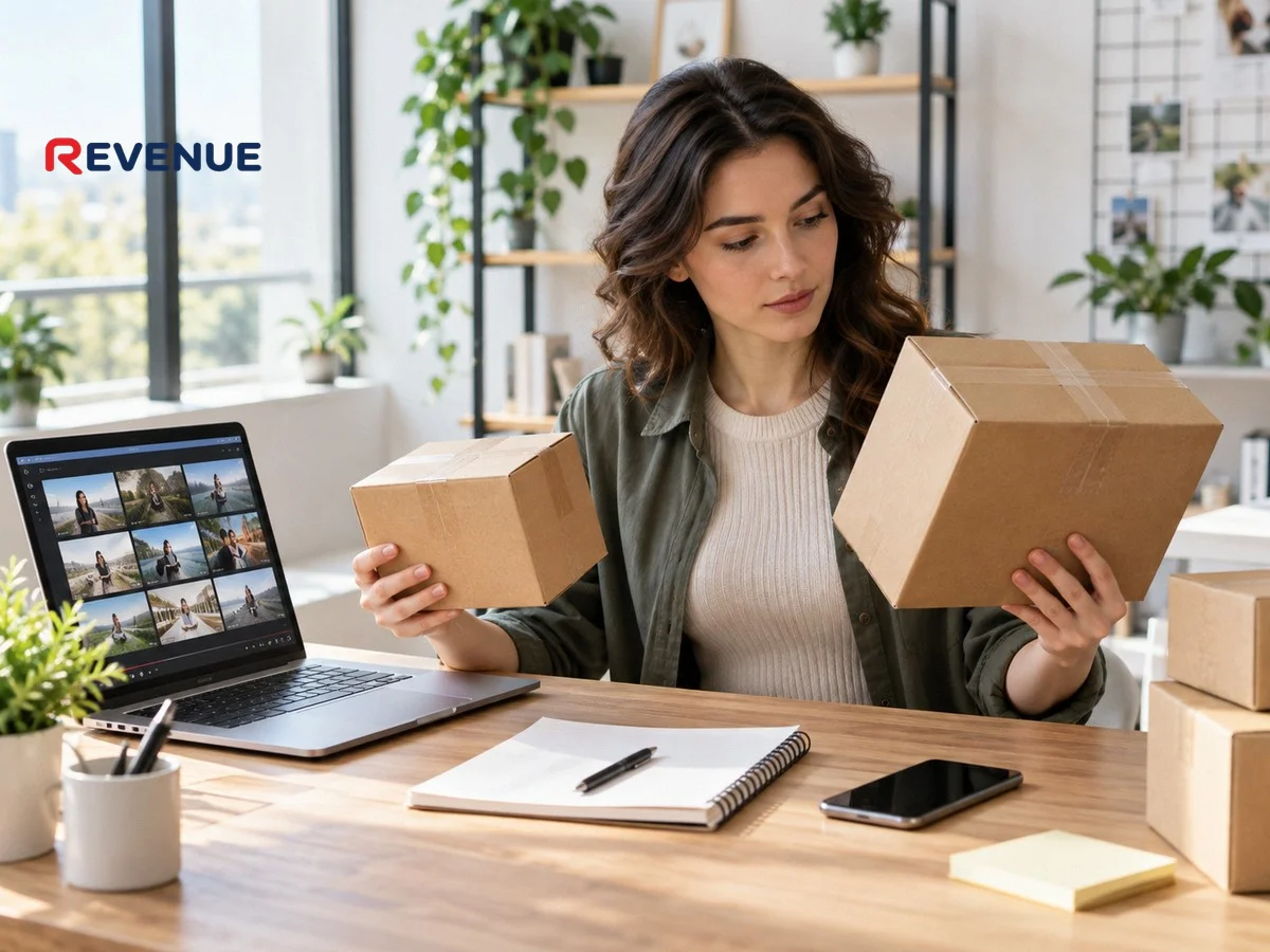 Marketer so sánh hộp hàng cạnh laptop hiển thị thumbnail video để theo dõi KOC