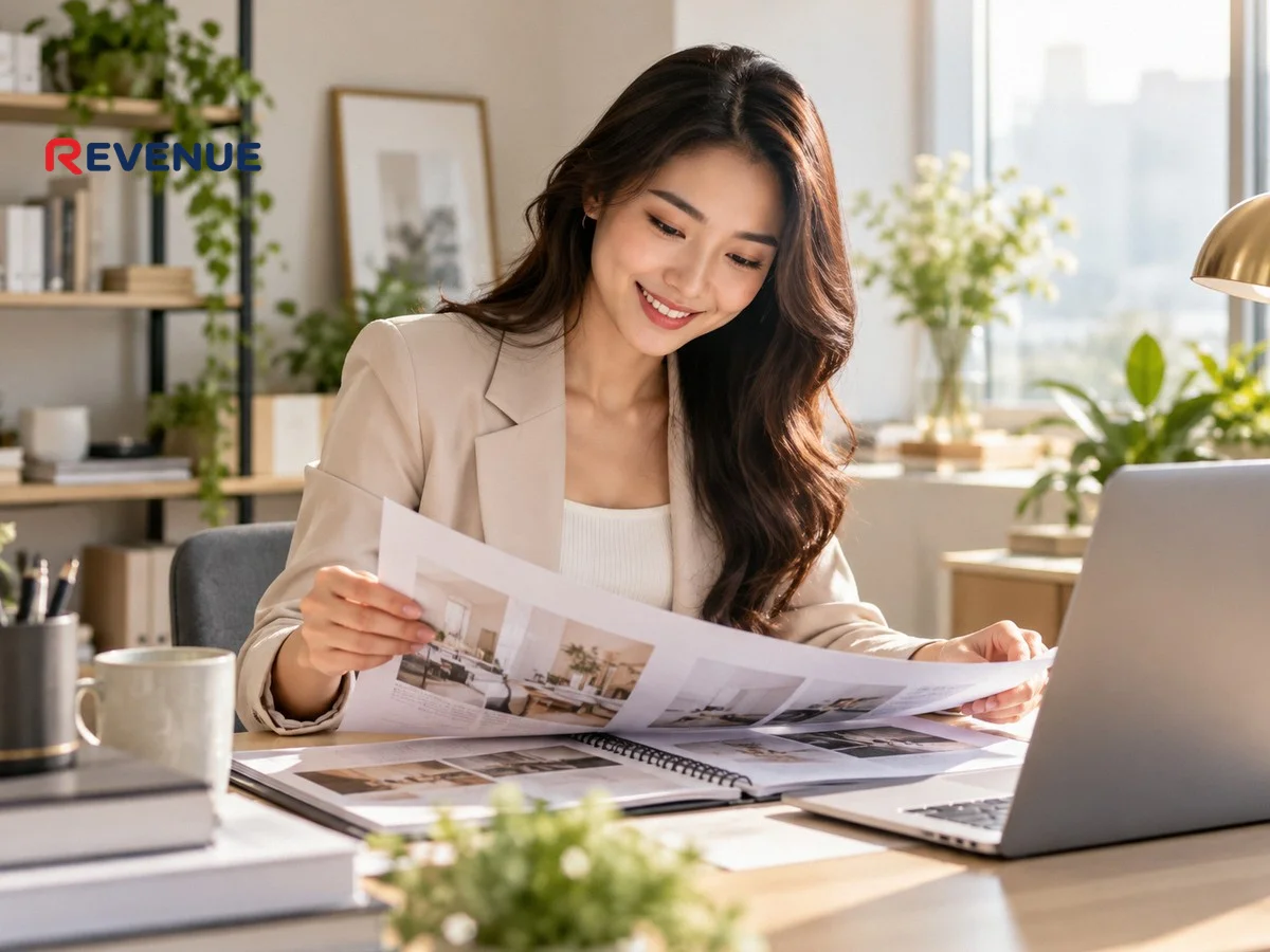 Cô gái trẻ ngồi bàn làm việc xem portfolio booking KOC bên laptop