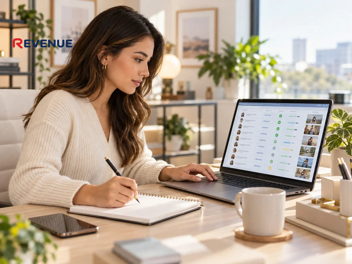 Marketer xem bảng tính theo dõi trạng thái KOC trên laptop tại bàn làm việc gọn gàng