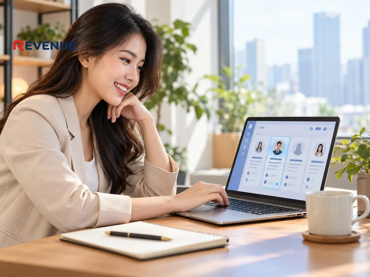 Cô gái trẻ Việt Nam ngồi trước laptop, xem tin tuyển dụng booking KOL KOC tại bàn làm việc