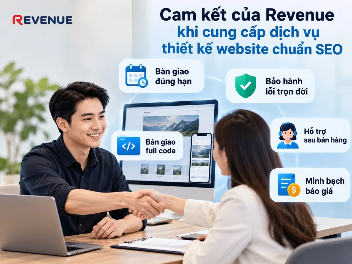 Cam kết của Revenue khi cung cấp dịch vụ thiết kế website chuẩn SEO với bàn giao đúng hạn